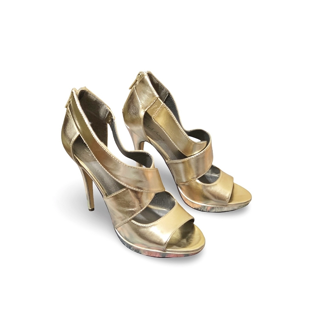 Michael Antonio Tinsley Gold Open Toe 5 Inch Stiletto Platform Heels Size 8.5
